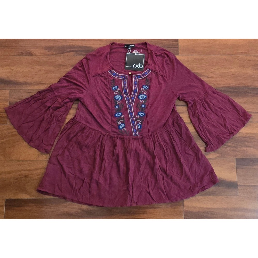 RXB Womens Embroidered Boho Babydoll Bell Sleeve Blouse Burgundy‎ Red Size M NEW